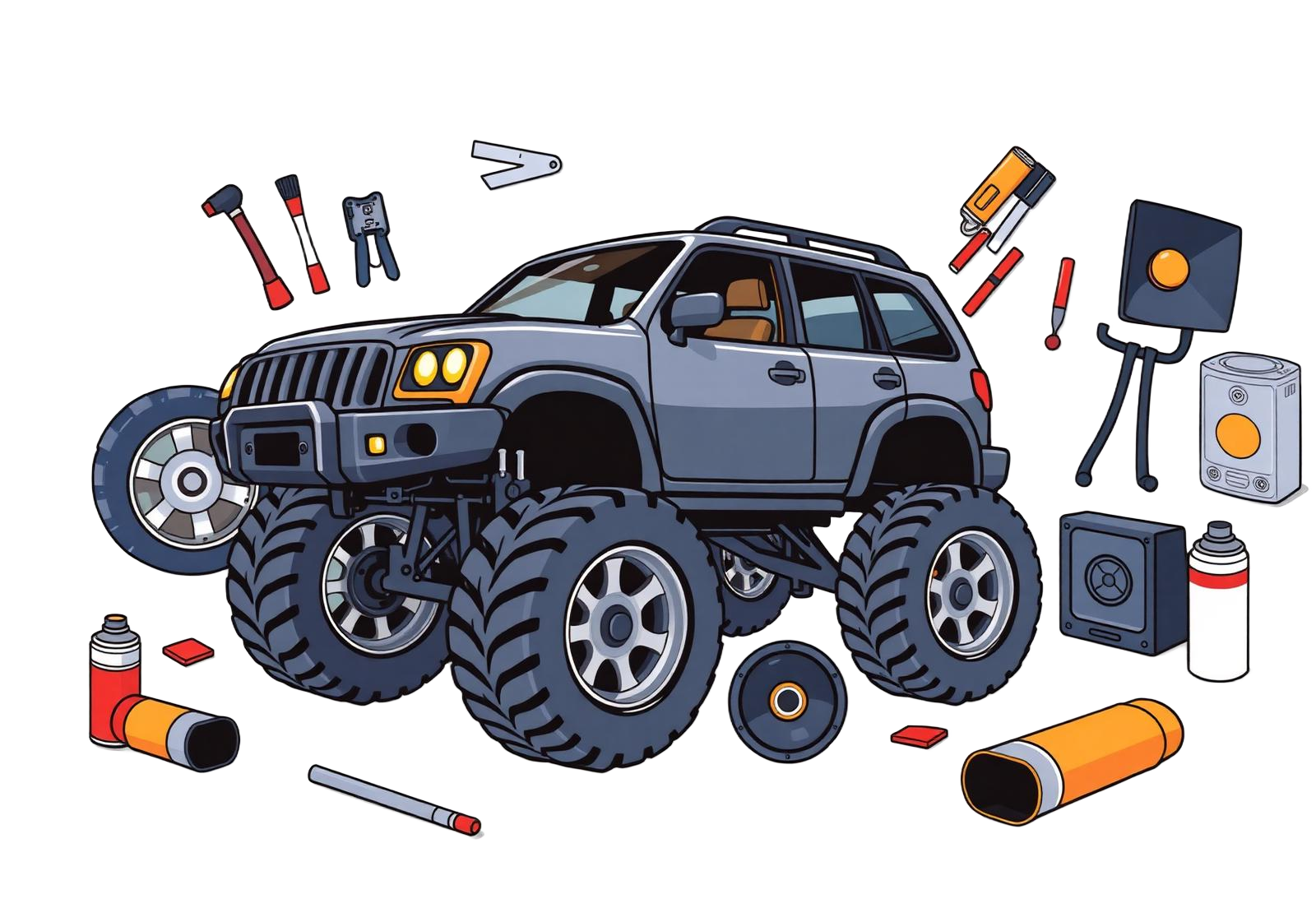 Playful illustration of a lifted SUV surrounded by aftermarket parts, wheels, tools, and paint cans